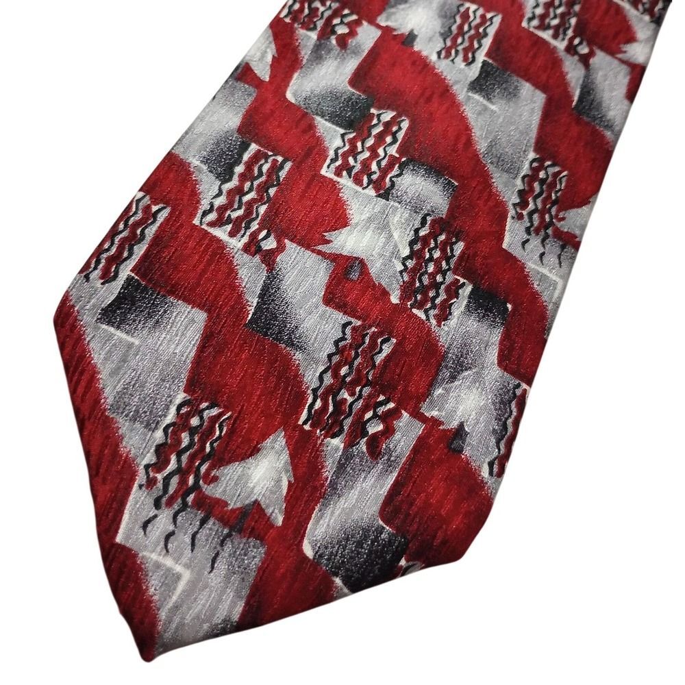 Cocktail Collection Mens Silk Tie Red Silver Black Abstract Geometric Vintage